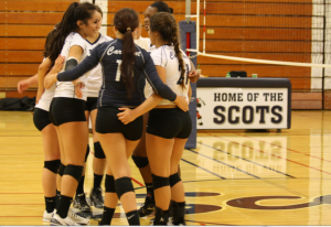 Players on the court huddle together after scoring a point