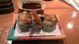 Crunchy and salty shrimp tempura with unagi sauce.