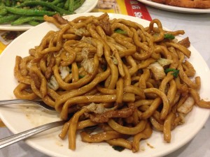 The stir-fried noodles were thickly cut and lacked flavor.