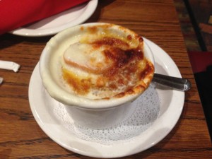 The French Onion Soup was overwhelmingly flavored with onion and garlic.