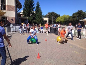 Carlmont cup is one of the many activities held at lunch to get students involved and boost spirit. Pictured from left Jason McGee, Simon Bacon, Ethan Wallace, and Spencer Stewart.